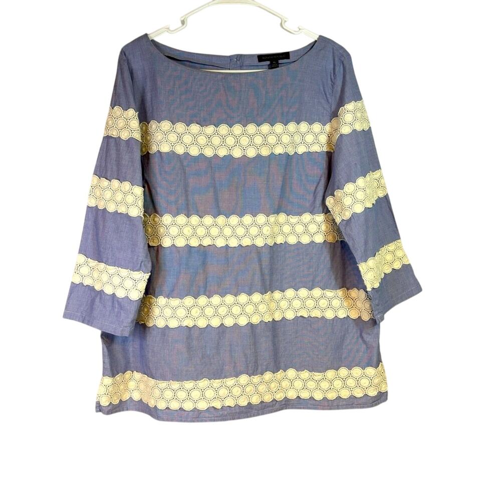 Banana Republic Blue Top with White Lacy Striped Embellishments Size XL P0304